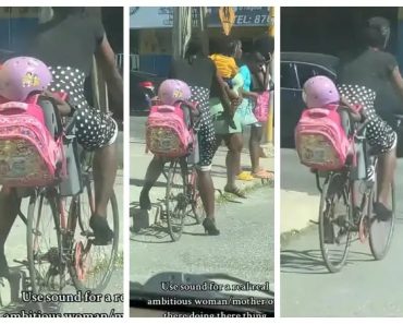 BREAKING: Jamaican woman sparks reactions online as she takes daughter to school on bicycle wearing high heels