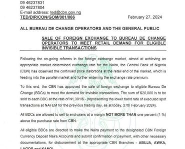 BRREAKING: CBN Approves $20,000 Foreign Exchange Sales to BDCs